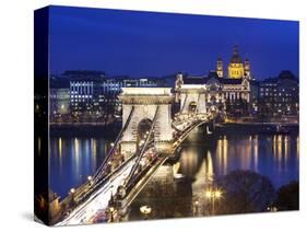 Chain Bridge and St. Stephen's Basilica at Dusk, UNESCO World Heritage Site, Budapest, Hungary, Eur-Stuart Black-Stretched Canvas