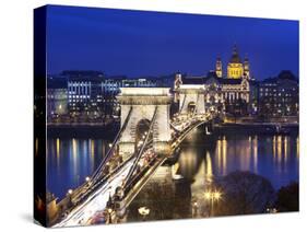 Chain Bridge and St. Stephen's Basilica at Dusk, UNESCO World Heritage Site, Budapest, Hungary, Eur-Stuart Black-Stretched Canvas