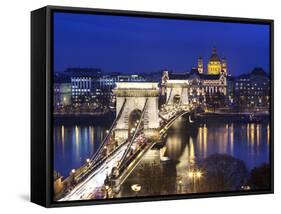 Chain Bridge and St. Stephen's Basilica at Dusk, UNESCO World Heritage Site, Budapest, Hungary, Eur-Stuart Black-Framed Stretched Canvas