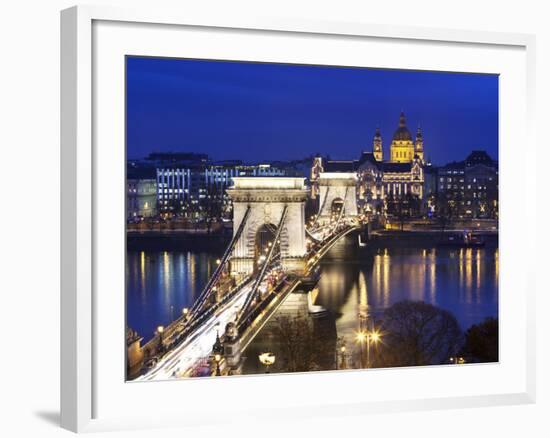 Chain Bridge and St. Stephen's Basilica at Dusk, UNESCO World Heritage Site, Budapest, Hungary, Eur-Stuart Black-Framed Photographic Print