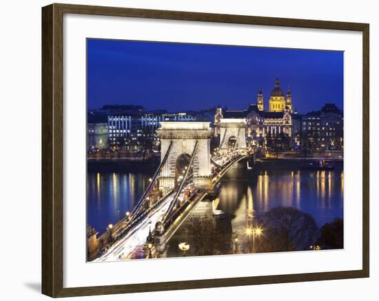 Chain Bridge and St. Stephen's Basilica at Dusk, UNESCO World Heritage Site, Budapest, Hungary, Eur-Stuart Black-Framed Photographic Print