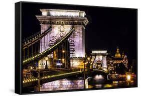 Chain Bridge, St. Stephens. Danube River Reflection, Budapest, Hungary-William Perry-Framed Stretched Canvas