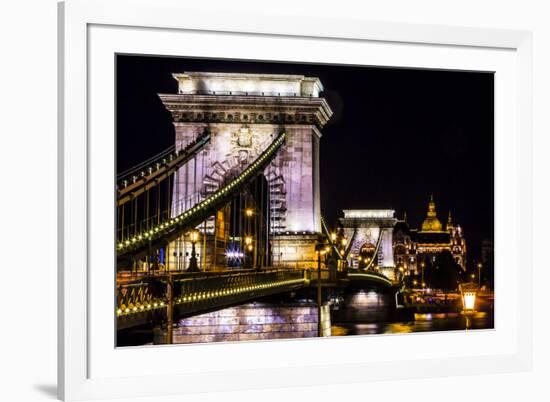 Chain Bridge, St. Stephens. Danube River Reflection, Budapest, Hungary-William Perry-Framed Premium Photographic Print