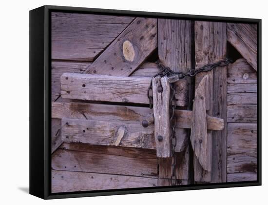 Chains and Lock on Weathered Barn Door-Mick Roessler-Framed Stretched Canvas