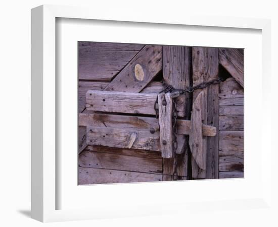 Chains and Lock on Weathered Barn Door-Mick Roessler-Framed Photographic Print