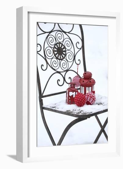 Chair in the Snow with Lantern, Balls from Cord Material-Andrea Haase-Framed Photographic Print