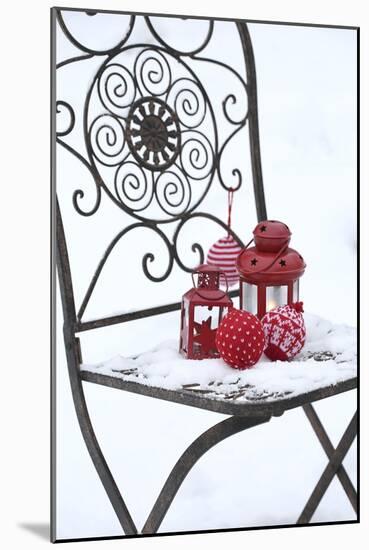 Chair in the Snow with Lantern, Balls from Cord Material-Andrea Haase-Mounted Photographic Print