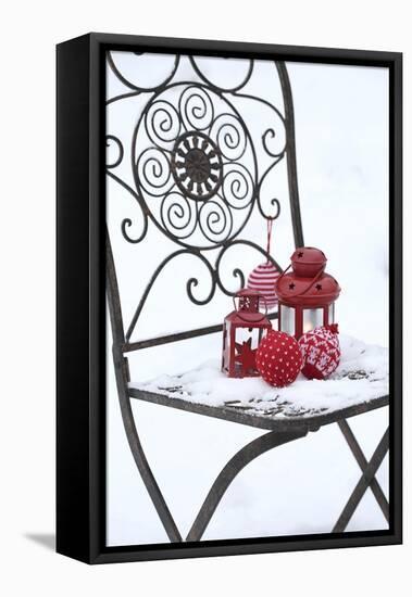 Chair in the Snow with Lantern, Balls from Cord Material-Andrea Haase-Framed Stretched Canvas