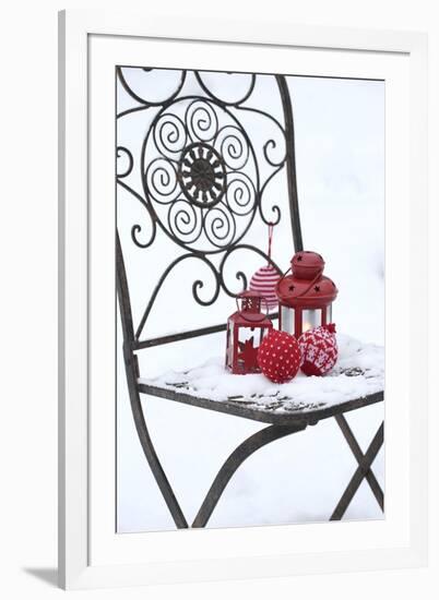 Chair in the Snow with Lantern, Balls from Cord Material-Andrea Haase-Framed Photographic Print