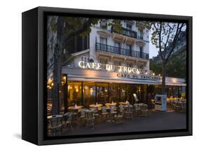 Chairs and Tables in a Restaurant at Dawn, Cafe Du Trocadero, Paris, Ile-De-France, France-null-Framed Stretched Canvas