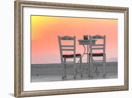 Chairs of the Café of the Hotel Galini in Firostefani, Santorini, Greece-Françoise Gaujour-Framed Photographic Print