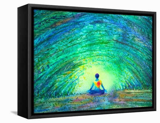 Chakra Color Human Lotus Pose Yoga in Green Tree Forest Tunnel, Abstract World, Universe inside You-null-Framed Stretched Canvas