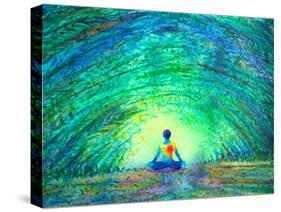 Chakra Color Human Lotus Pose Yoga in Green Tree Forest Tunnel, Abstract World, Universe inside You-null-Stretched Canvas