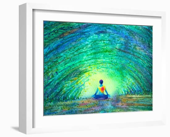 Chakra Color Human Lotus Pose Yoga in Green Tree Forest Tunnel, Abstract World, Universe inside You-null-Framed Art Print