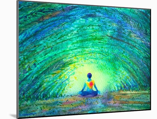 Chakra Color Human Lotus Pose Yoga in Green Tree Forest Tunnel, Abstract World, Universe inside You-null-Mounted Art Print