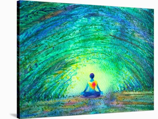 Chakra Color Human Lotus Pose Yoga in Green Tree Forest Tunnel, Abstract World, Universe inside You-null-Stretched Canvas