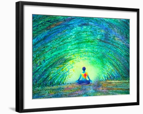 Chakra Color Human Lotus Pose Yoga in Green Tree Forest Tunnel, Abstract World, Universe inside You-null-Framed Art Print