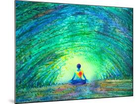 Chakra Color Human Lotus Pose Yoga in Green Tree Forest Tunnel, Abstract World, Universe inside You-null-Mounted Art Print