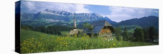 Chalet and a Church on a Landscape, Emmental, Switzerland-null-Stretched Canvas