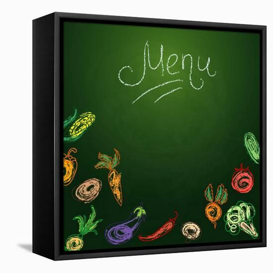 Chalkboard with Vegetables for Restaurant Menu-BerSonnE-Framed Stretched Canvas