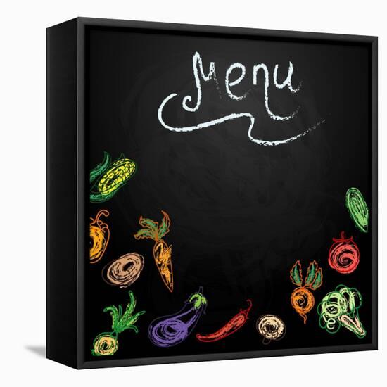 Chalkboard with Vegetables for Restaurant Menu-BerSonnE-Framed Stretched Canvas