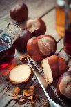 Pomegranate, Juice in Glass, Mortar and Pestle on Wooden Table-ChamilleWhite-Photographic Print