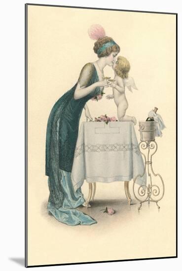 Champagne Toast with Cupid-null-Mounted Art Print