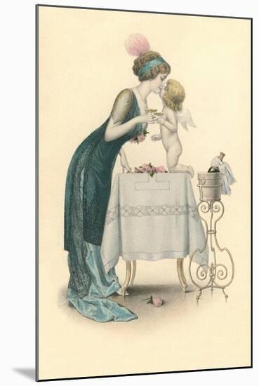 Champagne Toast with Cupid-null-Mounted Art Print