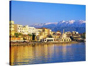 Chania Waterfront and Mountains in Background, Chania, Crete, Greece, Europe-Marco Simoni-Stretched Canvas