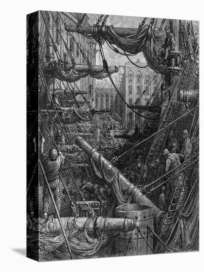 Chaotic Scene of Ships Dockers and Warehouses-Gustave Doré-Stretched Canvas