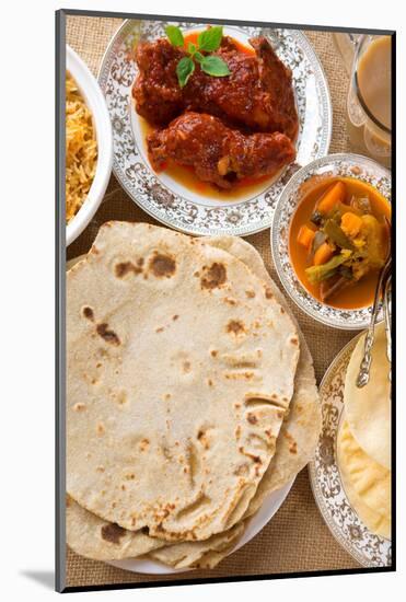 Chapatti Roti, Curry Chicken, Biryani Rice, Salad, Masala Milk Tea and Papadom. Indian Food on Dini-szefei-Mounted Photographic Print