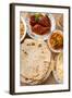 Chapatti Roti, Curry Chicken, Biryani Rice, Salad, Masala Milk Tea and Papadom. Indian Food on Dini-szefei-Framed Photographic Print