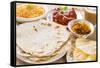 Chapatti Roti or Flat Bread, Curry Chicken, Biryani Rice, Salad, Masala Milk Tea and Papadom. India-szefei-Framed Stretched Canvas