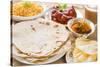 Chapatti Roti or Flat Bread, Curry Chicken, Biryani Rice, Salad, Masala Milk Tea and Papadom. India-szefei-Stretched Canvas