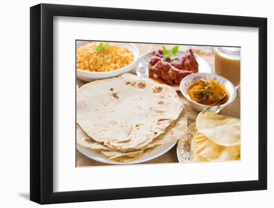 Chapatti Roti or Flat Bread, Curry Chicken, Biryani Rice, Salad, Masala Milk Tea and Papadom. India-szefei-Framed Photographic Print