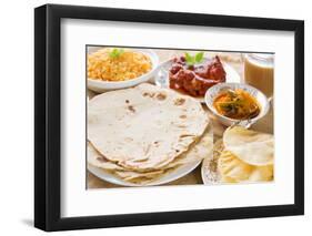 Chapatti Roti or Flat Bread, Curry Chicken, Biryani Rice, Salad, Masala Milk Tea and Papadom. India-szefei-Framed Photographic Print