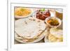 Chapatti Roti or Flat Bread, Curry Chicken, Biryani Rice, Salad, Masala Milk Tea and Papadom. India-szefei-Framed Photographic Print