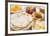 Chapatti Roti or Flat Bread, Curry Chicken, Biryani Rice, Salad, Masala Milk Tea and Papadom. India-szefei-Framed Photographic Print