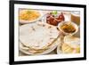 Chapatti Roti or Flat Bread, Curry Chicken, Biryani Rice, Salad, Masala Milk Tea and Papadom. India-szefei-Framed Photographic Print