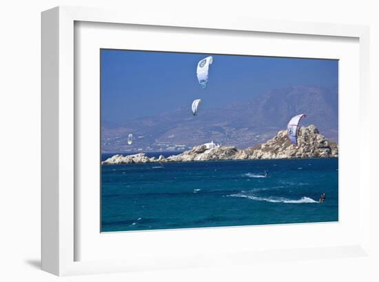 Chapel on the Island of Isidoros Parthenos with Kite Sufers on the Beach in Mikri Vigla, Greece-null-Framed Art Print