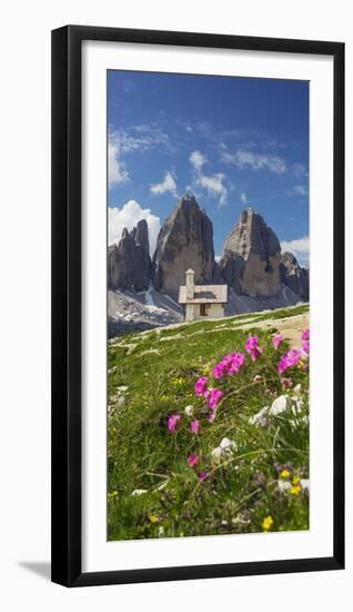 Chapel, Tre Cime Di Lavaredo (Three Merlons), Flowers, South Tyrol, the Dolomites Mountains, Italy-Rainer Mirau-Framed Photographic Print