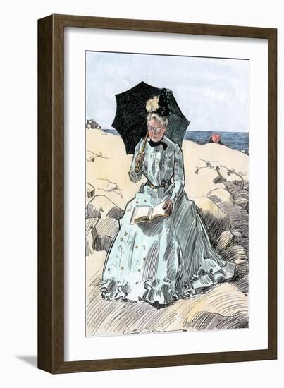 Chaperone Discreetly Reading a Book at the Beach, Circa 1900-null-Framed Giclee Print