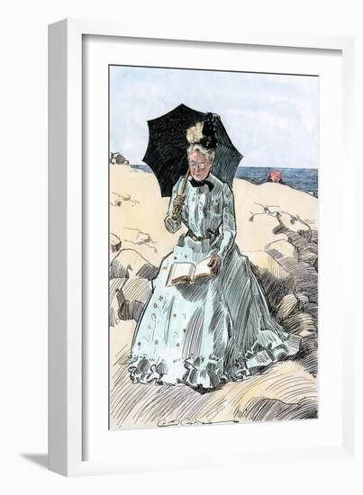 Chaperone Discreetly Reading a Book at the Beach, Circa 1900-null-Framed Giclee Print