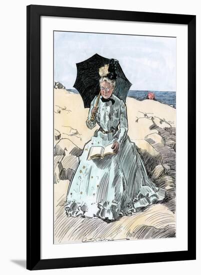 Chaperone Discreetly Reading a Book at the Beach, Circa 1900-null-Framed Giclee Print