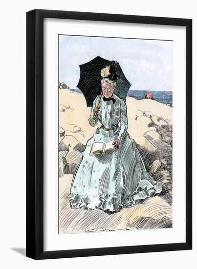 Chaperone Discreetly Reading a Book at the Beach, Circa 1900-null-Framed Premium Giclee Print