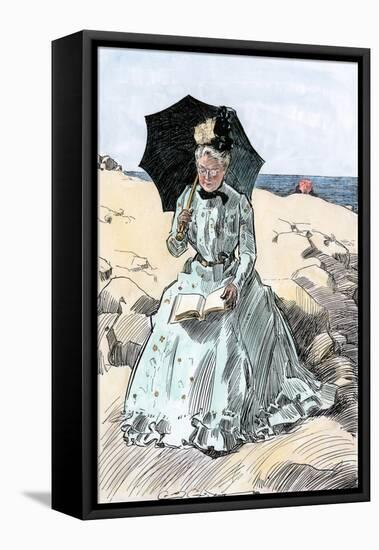 Chaperone Discreetly Reading a Book at the Beach, Circa 1900-null-Framed Stretched Canvas