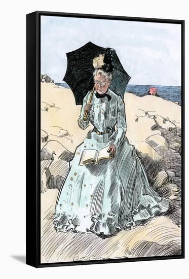 Chaperone Discreetly Reading a Book at the Beach, Circa 1900-null-Framed Stretched Canvas