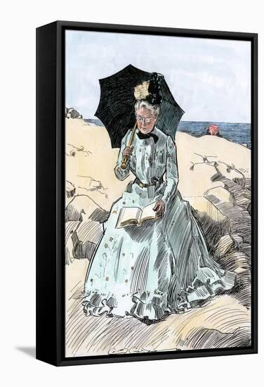 Chaperone Discreetly Reading a Book at the Beach, Circa 1900-null-Framed Stretched Canvas