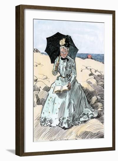 Chaperone Discreetly Reading a Book at the Beach, Circa 1900-null-Framed Giclee Print