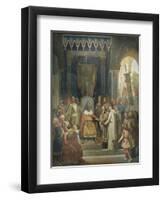 Charlemagne, entouré des ses principaux officiers, reçoit Alcuin qui lui présente des manuscrits,-Jean Victor Schnetz-Framed Giclee Print